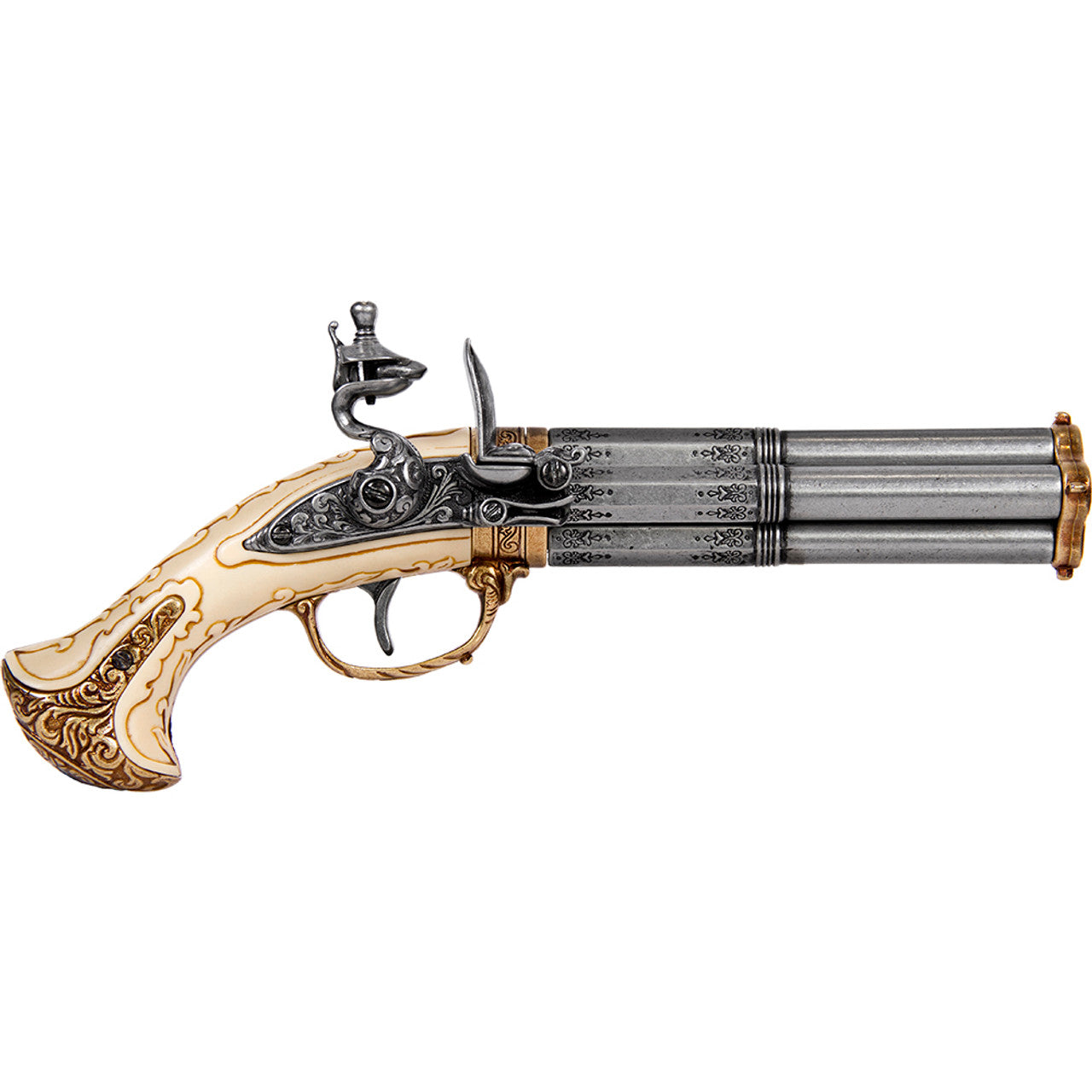 18th Century 4 Barrel Flintlock Pistol Antique Gray Finish, Mock Ivory Grip