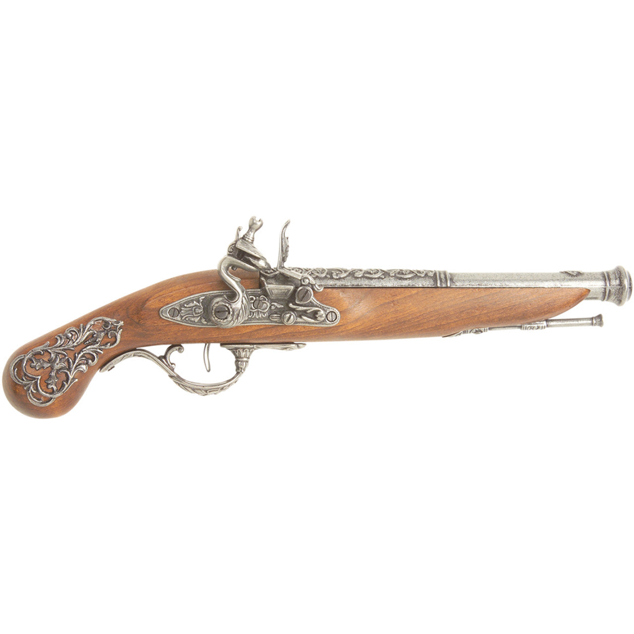 Colonial Engraved British 18th Century Replica Flintlock Pistol Non-Firing - Grey