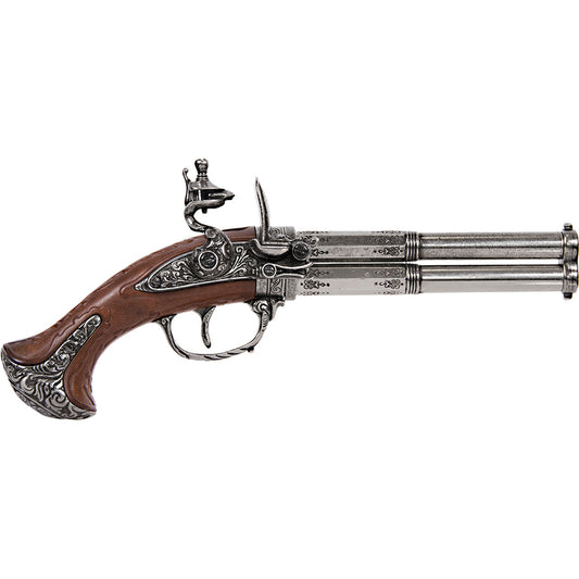 18th Century 2 Barrel Flintlock Pistol Antique Gray Finish, Wood Grip