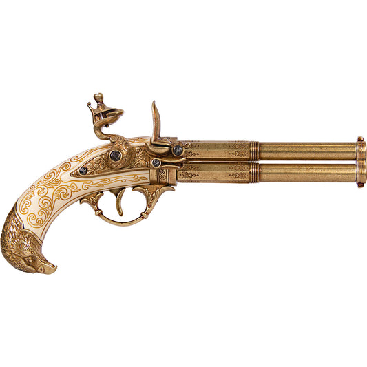 18th Century 2 Barrel Flintlock Pistol Brass Finish, Mock Ivory Grip
