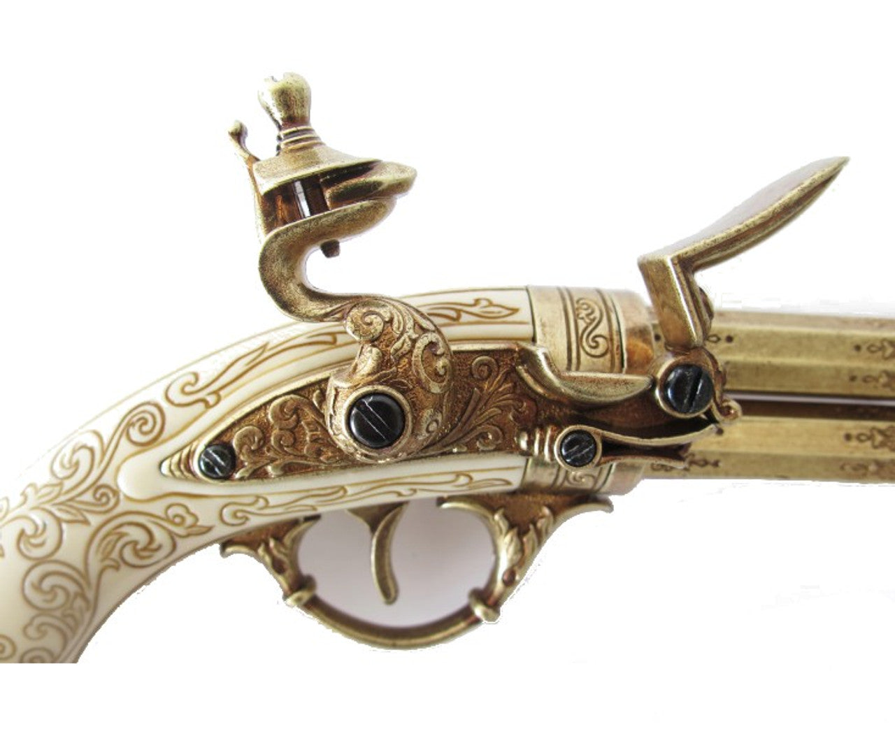 18th Century 2 Barrel Flintlock Pistol Brass Finish, Mock Ivory Grip