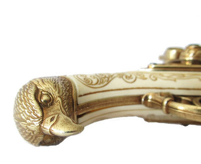 18th Century 2 Barrel Flintlock Pistol Brass Finish, Mock Ivory Grip