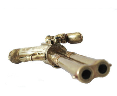 18th Century 2 Barrel Flintlock Pistol Brass Finish, Mock Ivory Grip
