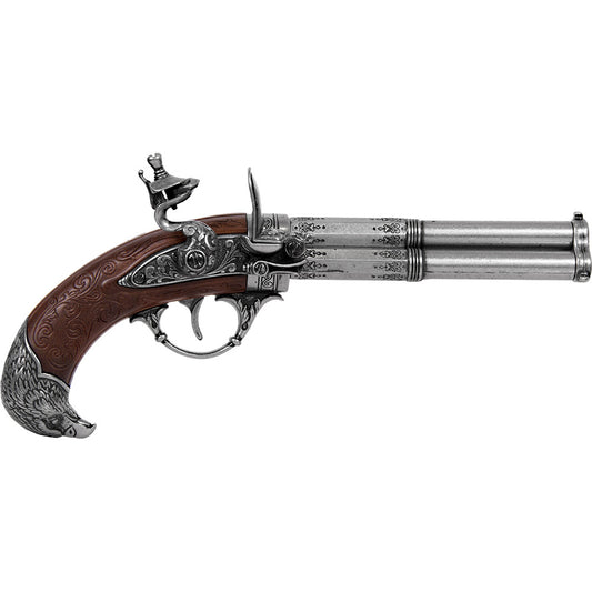 18th Century 3 Barrel Flintlock Pistol Antique Gray Finish, Wood Grip