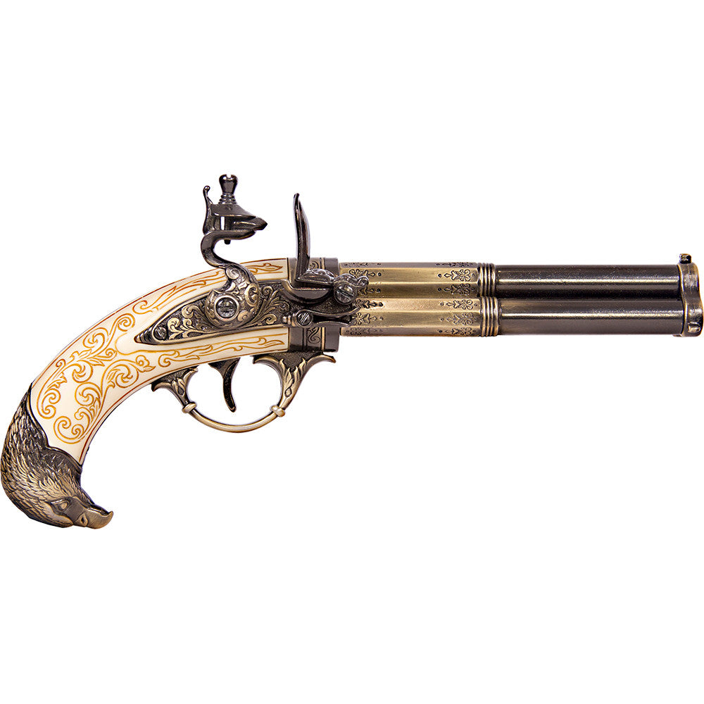 18th Century 3 Barrel Flintlock Pistol Brass Finish, Mock Ivory Grip