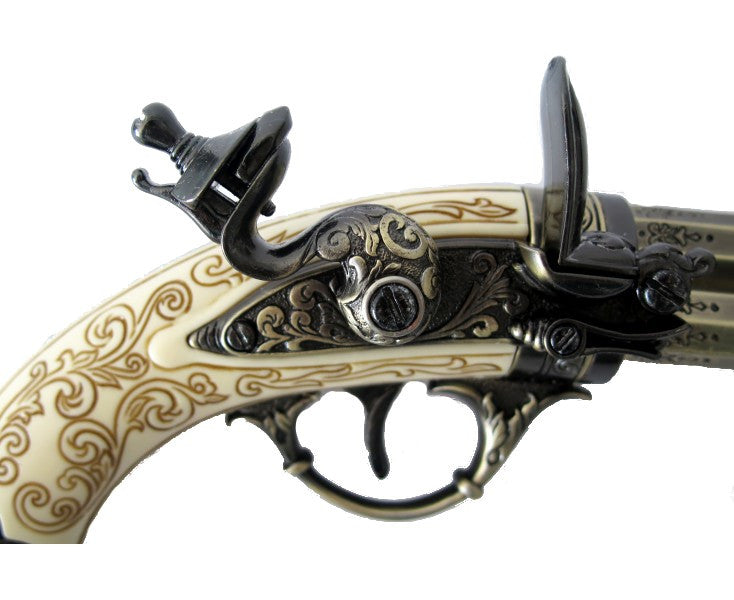 18th Century 3 Barrel Flintlock Pistol Brass Finish, Mock Ivory Grip