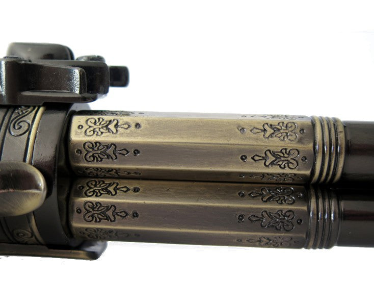 18th Century 3 Barrel Flintlock Pistol Brass Finish, Mock Ivory Grip