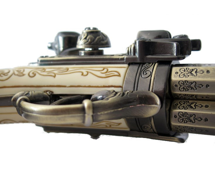 18th Century 3 Barrel Flintlock Pistol Brass Finish, Mock Ivory Grip