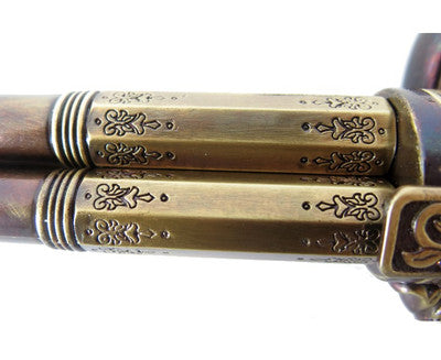 18th Century 3 Barrel Flintlock Pistol Brass Finish, Wood Grip