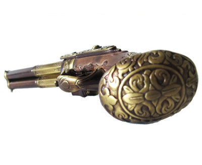 18th Century 3 Barrel Flintlock Pistol Brass Finish, Wood Grip