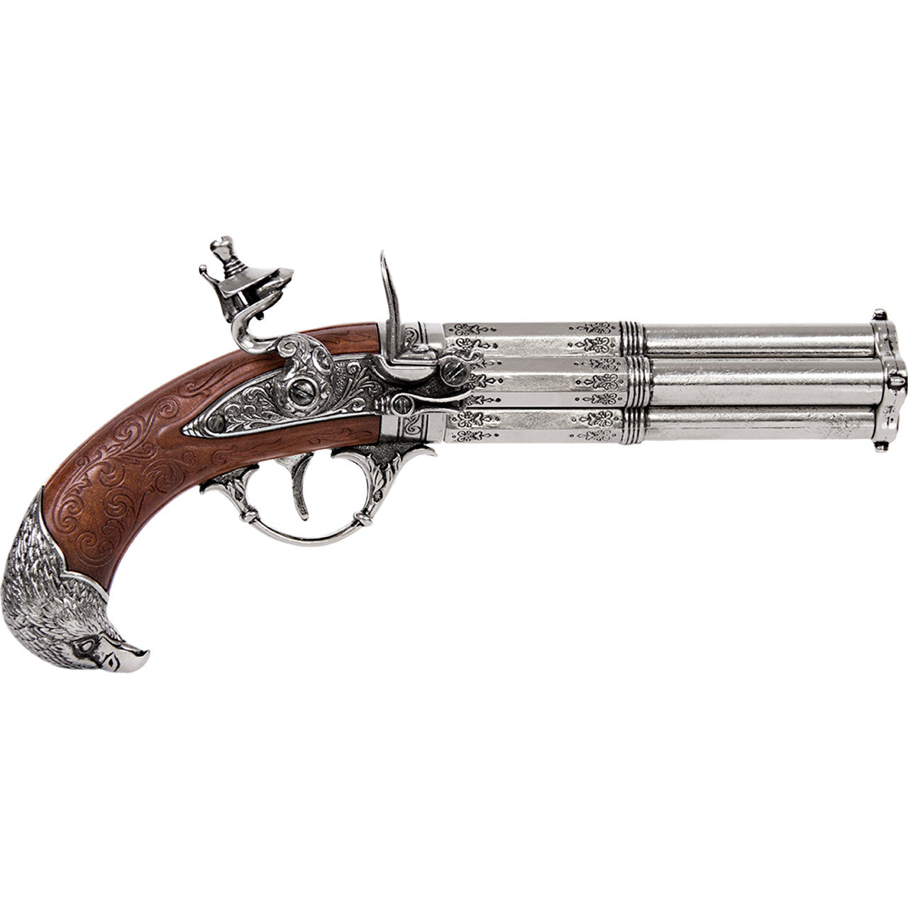 18th Century 4 Barrel Flintlock Pistol Antique Gray Finish, Faux Wood Grip