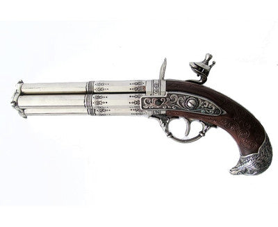 18th Century 4 Barrel Flintlock Pistol Antique Gray Finish, Faux Wood Grip
