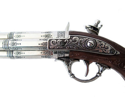 18th Century 4 Barrel Flintlock Pistol Antique Gray Finish, Faux Wood Grip