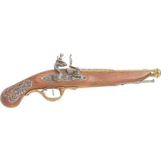 Colonial Engraved British 18th Century Replica Flintlock Pistol Non-Firing - Antique Brass