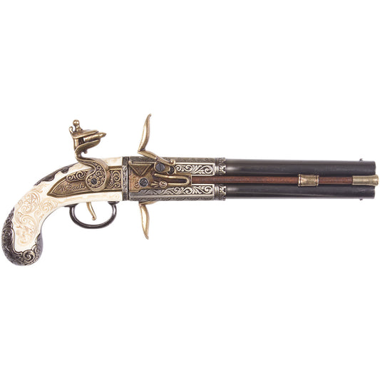 Replica Colonial Engraved Double Barrel Flintlock Non-Firing